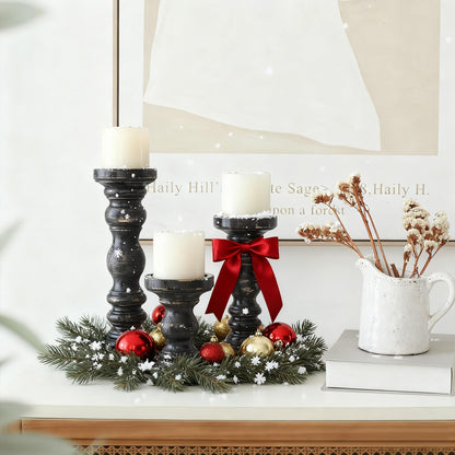 SWALLOWLIVING Rustic Farmhouse Wood Pillar Candle Holder Set of 3 for Candlestick, Black