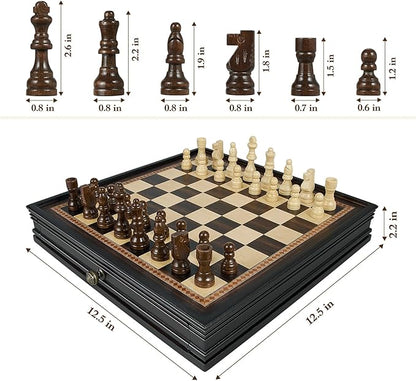 12.5’’ Wooden Chess Set Magnetic Chess Pieces with 2 Built-in Storage Drawers - Chess Broad Game for Beginner Kids Adults - 2 Bonus Extra Queens