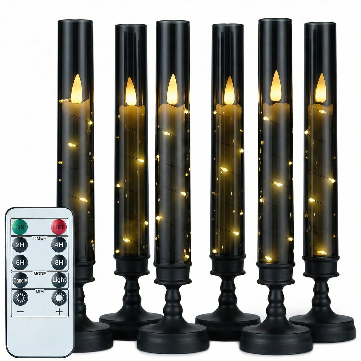 Prerish 6 PCS Flameless Candles with Timer, Flickering Flameless LED Pillar Candles for Romantic Ambiance with Embedded Star String, Acrylic Battery Perated Fake Candles for Home Decoration (Black)