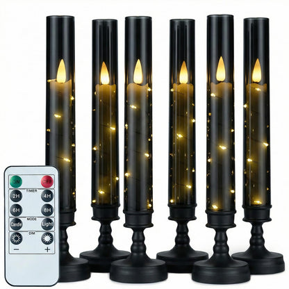 Prerish 6 PCS Flameless Candles with Timer, Flickering Flameless LED Pillar Candles for Romantic Ambiance with Embedded Star String, Acrylic Battery Perated Fake Candles for Home Decoration (Black)