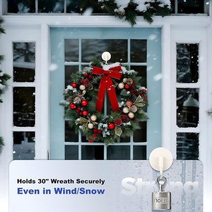 OUTXE Wreath Hanger for Front Door, Upgraded Suction Cup Reef Hook for Glass Window/Over Door, Christmas/Thanksgiving/Halloween/July 4th/Easter/Valentine/Spring/Summer/Fall (White, 4-Pack)