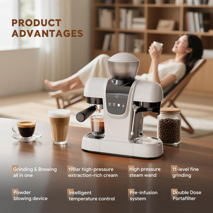 20 Bar Espresso Machine with Grinder & Steam Wand - Semi Automatic Coffee Maker, NTC Intelligent Temp Control, 58mm Stainless Steel Portafilter, One-Touch Panel for Home Barista (Removable Water Tank)