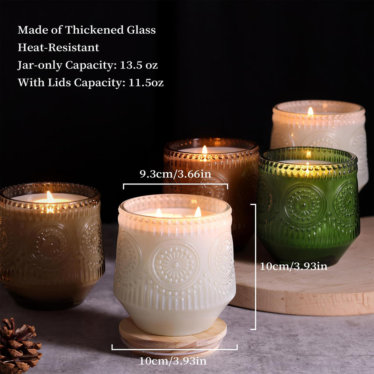 LAMORGIFT 6 Pack Large Green Candle Jars - 13.5oz Glass with Wooden Lids and Labels, Empty Jars for Candle Making Supplies