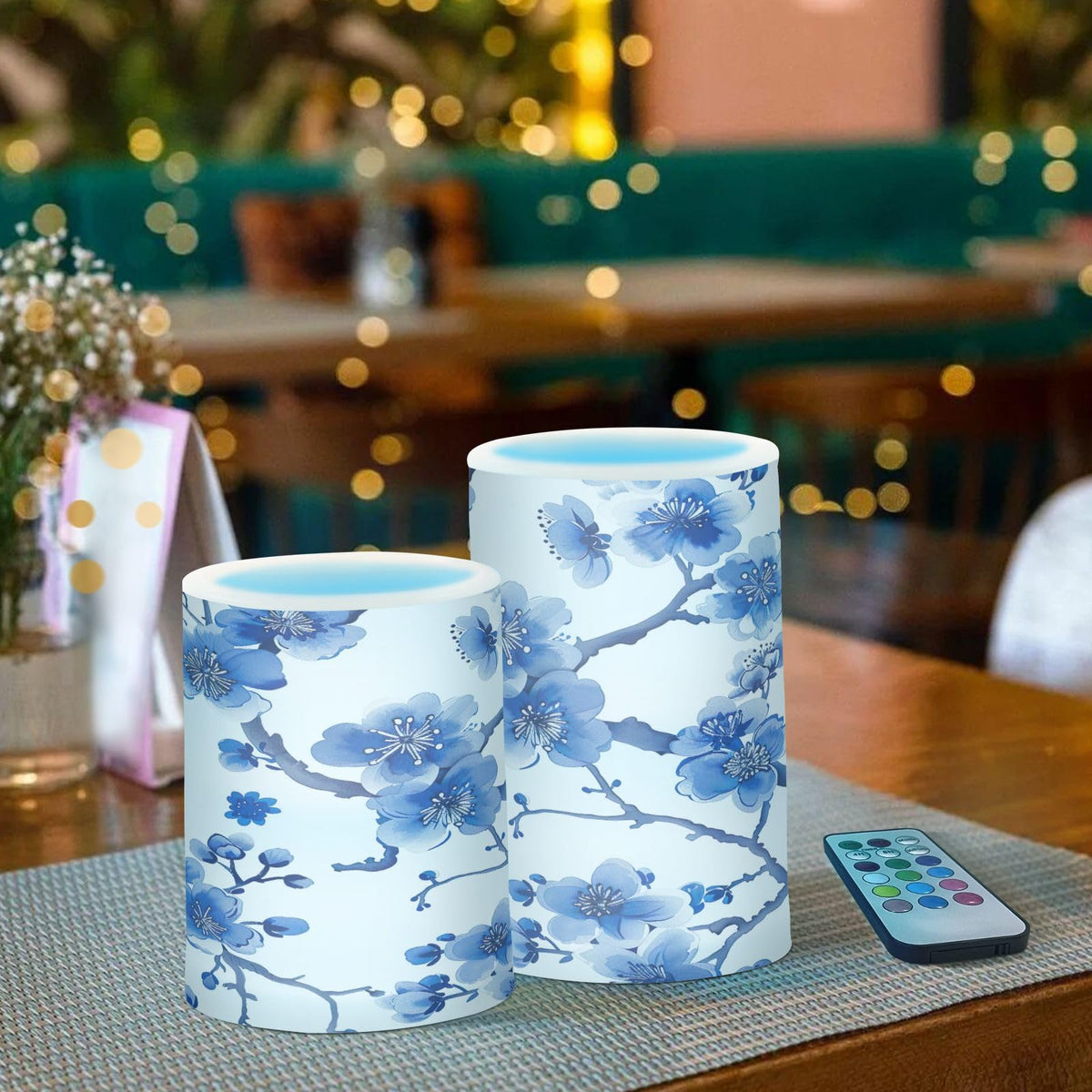 GUIJI Blue Peach Blossom Flameless Candles - Set of 2, Battery Operated Pillar Candles for Home Decoration, Christmas, Party
