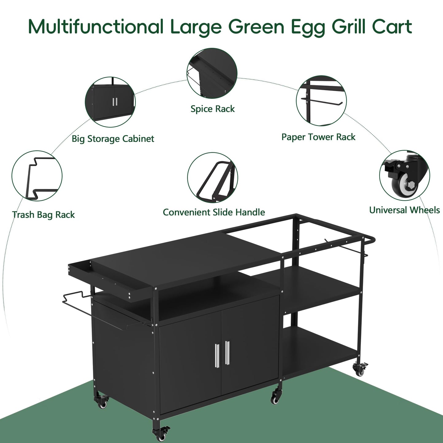 Mobile Grill Cart Compatible with Big Green Egg, Heavy Duty Metal Grill Table for Large/Medium Ceramic Charcoal Grills, Outdoor Kitchen Island Prep Station with Storage Cabinet, 6 Wheels