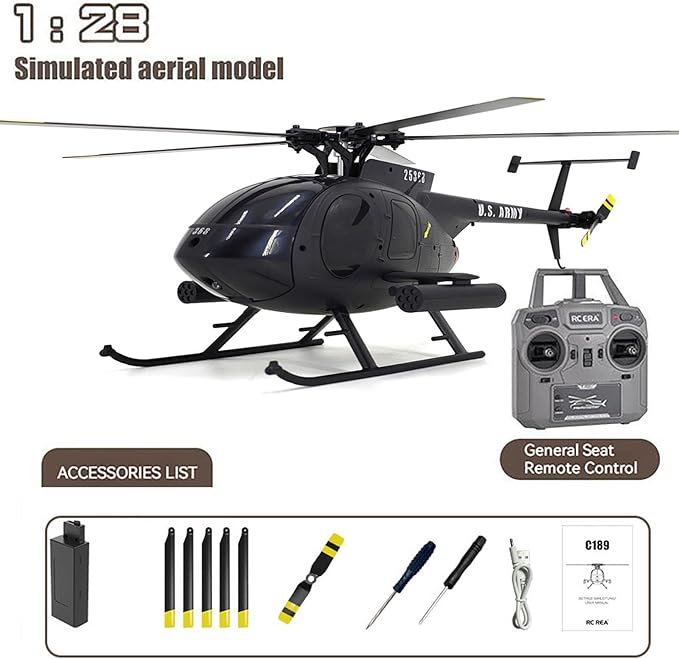 Large 335mm MD500 C189 Brushless Remote Control Helicopter Add Optical Flow Positioning RC Heli Aircraft 1/28 Scale Full-Function Excellent Control Aerobatics System US Military RTF Black 1-Battery