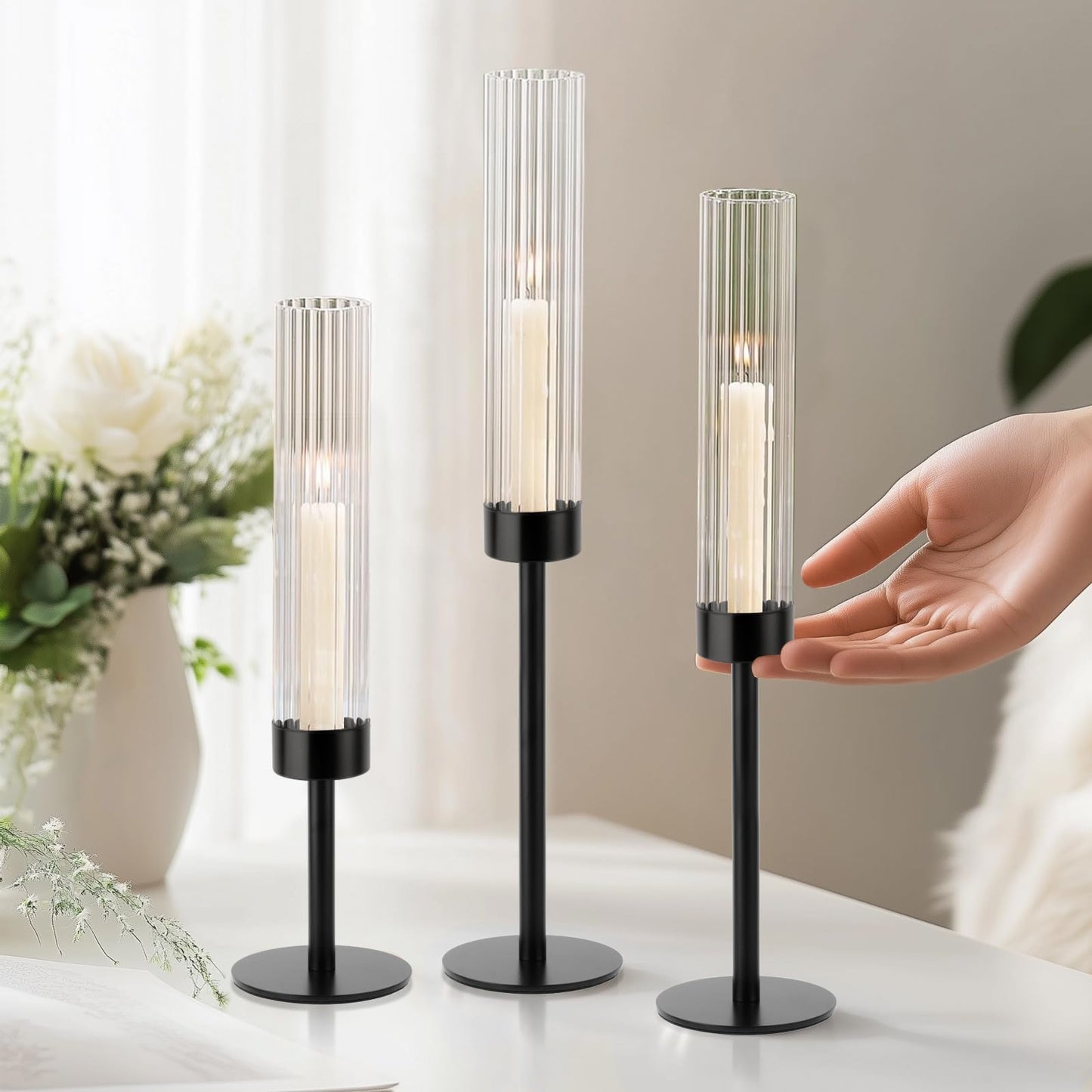 Black Hurricane Candle Holders, Set of 6 Glass Taper Candlestick Holders Metal Candle Stands Bulk with Ribbed Glass Cover for Dining Tables Wedding Candelabra Centerpieces Decor