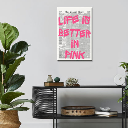 Skiennix Pink Wall Art - Retro Newspaper Canvas Poster with Positive Quote | 16x24in Minimalist Decor