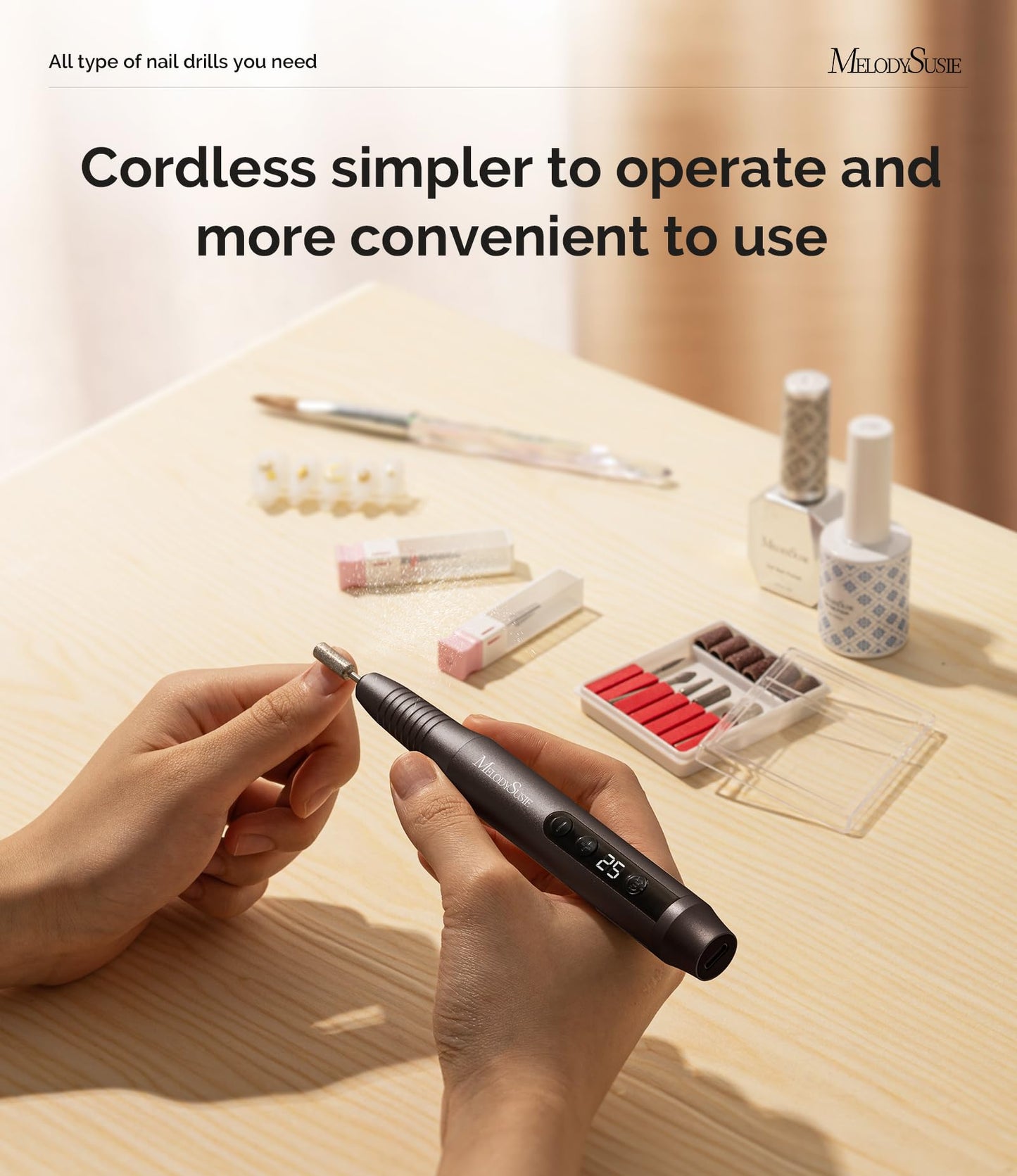 MelodySusie Electric Nail Drill,Cordless Nail File for Acrylic Gel Nails,PC180G 25,000RPM Professional Portable Nail Efile Manicure Pedicure Polishing Tool with Nail Drill Bits,Sanding Bands
