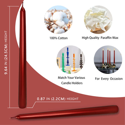 Metal Red Taper Candles Set of 4, 10 Inch Handmade Candle Stick, Unscented Candlesticks, Tapered Candles for Wedding Christmas Dinner Table Home Decor
