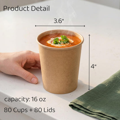 Lyellfe 80 Pack Paper Soup Containers with Lids, 16 Oz Disposable Kraft Paper Food Cups, To Go Take Out Cups for Hot Cold Drinks, Christmas Party