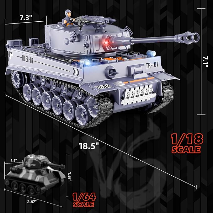 1/18 Remote Control Tank German Tiger - Gray RC Tank Thats Shoots BBS 60 Minute Playing Time Smoke Sound LED Lights Excellent Gift for Kids and Adults