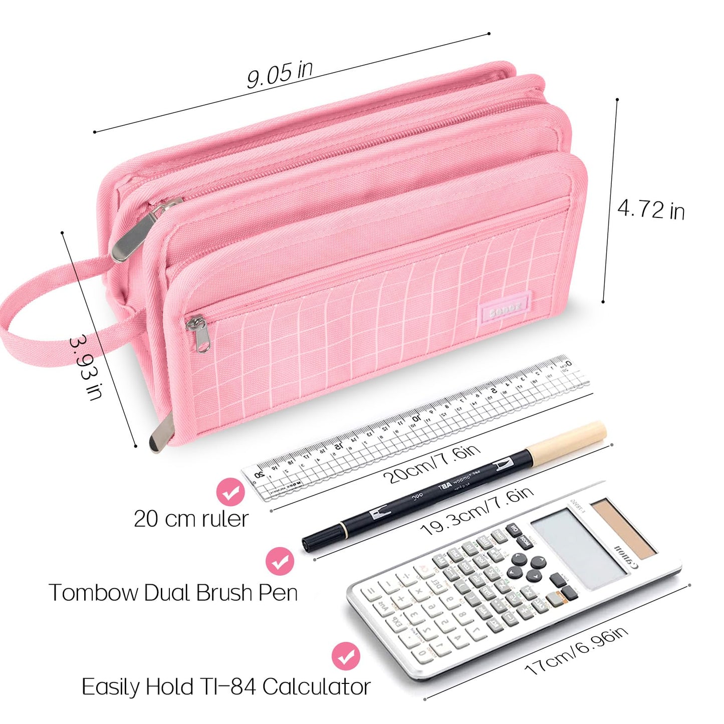 Sooez Large Pencil Case, Big Capacity Pencil Pouch Pen Bag with 3 Compartment, Portable Canvas Stationery Organizer with Zipper, Cute Aesthetic School Supplies for Teen Girls Boy College, Navy Blue