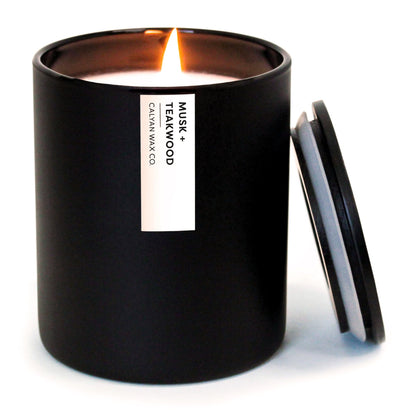 Calyan Wax Co. Musk & Teakwood Scented Candle - 75 Hour Burn - Luxury Clean Soy Wax Candles - Long Lasting Black Tumbler Jar Candle for Home - 10.2oz
