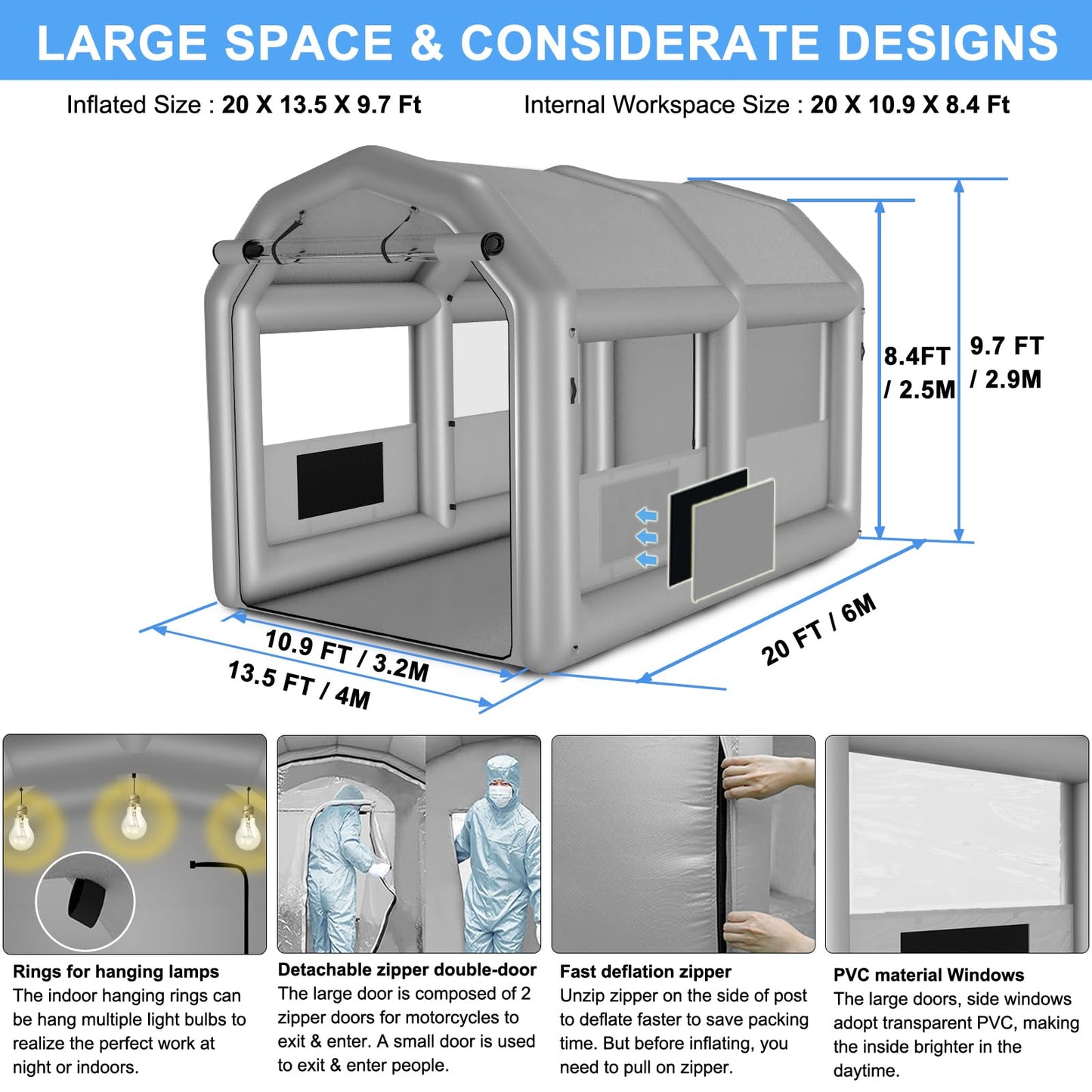 GZKYYLEGS Inflatable Paint Booth, 20X13.5X9.7Ft Spray Paint Booth, High Powerful 1100W Blower Inflatable Spray Booth with Air Filter System for Car Parking Tent Workstation