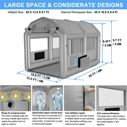 GZKYYLEGS Inflatable Paint Booth, 20X13.5X9.7Ft Spray Paint Booth, High Powerful 1100W Blower Inflatable Spray Booth with Air Filter System for Car Parking Tent Workstation