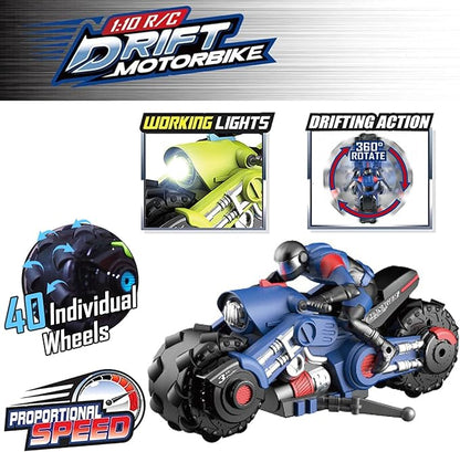 Liberty Imports 2.4Ghz RC Motorcycle Remote Control Stunt Drift Bike Racing Vehicle - 1/10 R/C High Speed Cyclone Motorbike and Riding Figure with 360° Spinning Wheels Action (Blue)