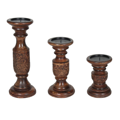 Hand Carved Wooden Pillar Candle Holders - Set of 3 |Carving Decorative Style | Crafted from Mango Wood | Rustic Table Centerpiece Decor | Sized 6", 9" and 12" - Dark Burnt