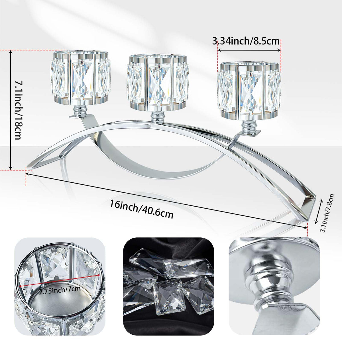 3 Arms Crystal Bowl Tealight Candelabra Votive Candle Stand, Wedding centerpieces for Tables Crystal Candlestick，Centerpiece Table Decorations (Silver)