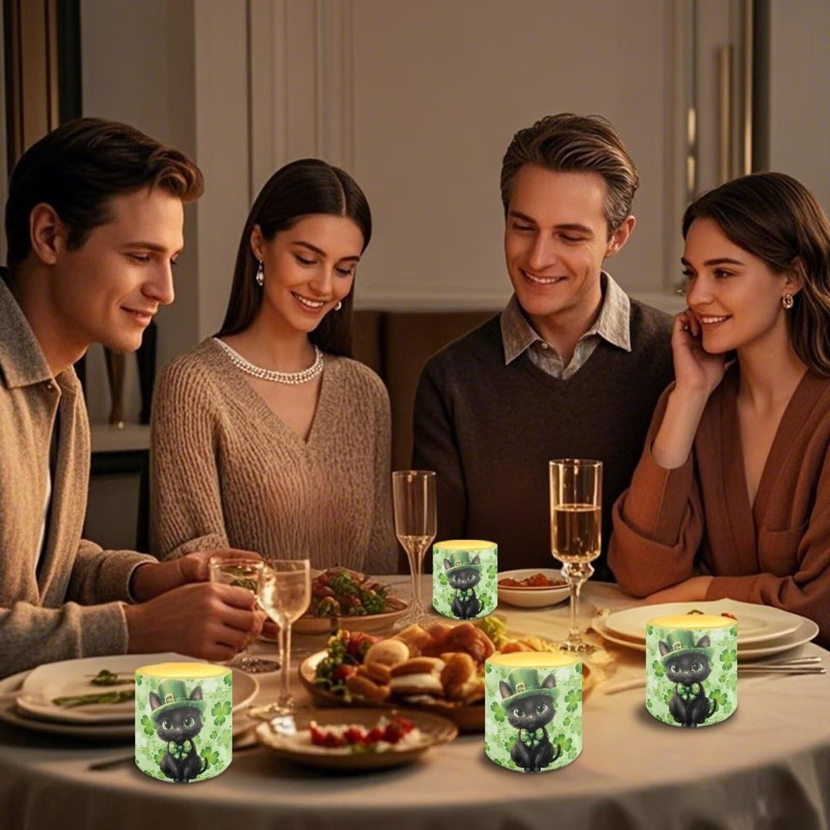 Merkmak 4Pcs St Patrick's Day Shamrocks Flameless Candles with Remote Battery Operated Candles with Timer, Cute Black Cat Pillar Tea Lights Bulk for Indoor Outdoor Home Decorations