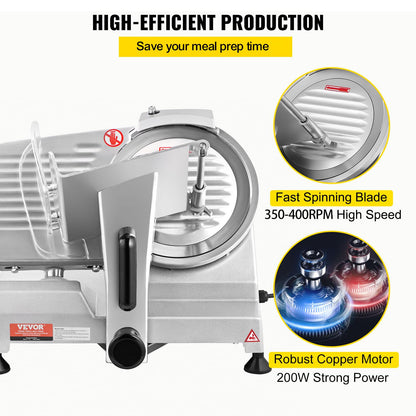 VEVOR Commercial Meat Slicer, 200W Electric Deli Food Slicer, 0-12mm Adjustable Thickness Electric Meat Slicer, 350-400RPM Slicer with 8.7'' Chromium-plated Steel Blade for Home & Commercial Use