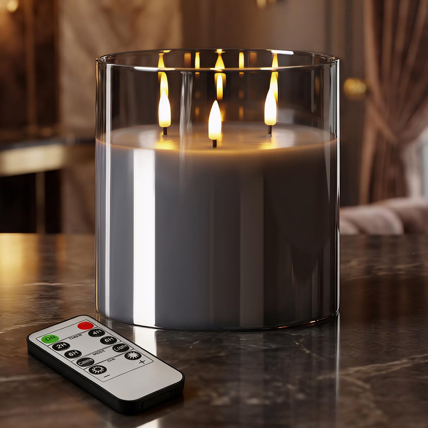 Girimax 3 Wick Grey Glass Flameless Candle with Remote, Large 6x6 inch LED Pillar Candle Battery Operated Flickering