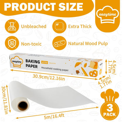 DTFMZOV Unbleached Parchment Paper Roll for Baking 12in x 49ft, 3 Pack of 12in x 16.3FT, Parchment Paper Built-in Metal Cutter, Non-Stick for Baking, Grilling, Air Fryer, Meal Prep, Pans and Oven