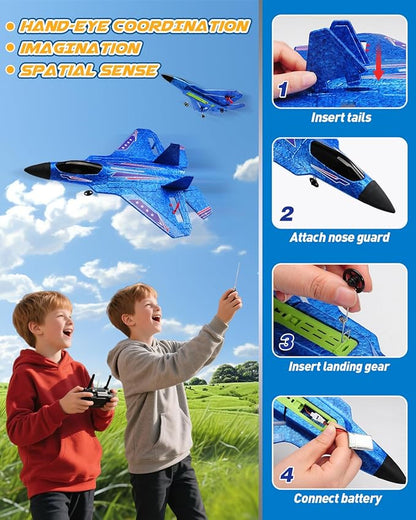 F22 RC Airplane Easy to Fly - 2.4GHz Remote Control Fighter Jet with Gyro Stabilizer &amp LED Lights 2 Batteries Foam RC Glider for Kids Boys Adults Beginners (Blue)