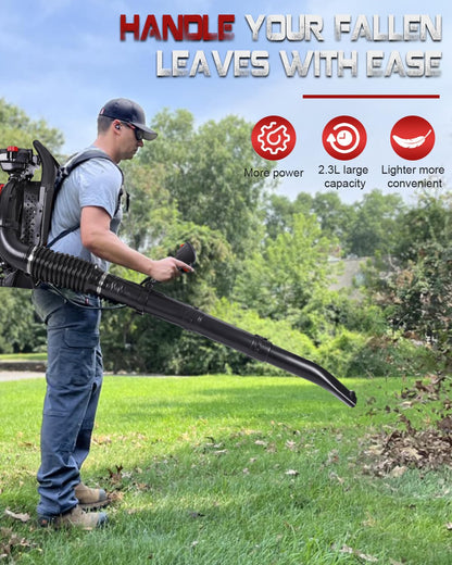 Thalorus 63CC Gas Backpack Leaf Blower, 2-Stroke, 665 CFM, 205 MPH, Variable Speed & Cruise Control, Ergonomic Harness, Reduced Emissions, for Fast Yard Cleanup (Red)