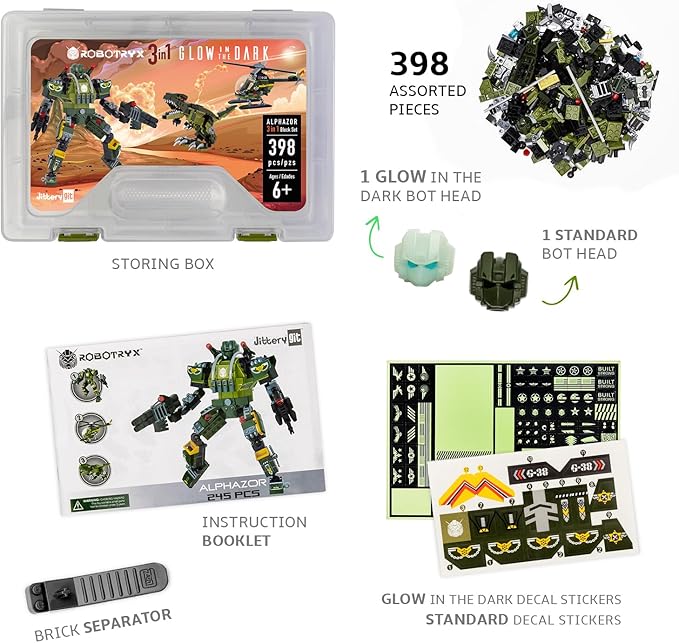 JITTERYGIT Robot Army Buildable Mech Soldier Glow in The Dark Gift Toy Set Helicopter Military Creative STEM Project Dinosaur Building Bricks Kit for Kids Ages 6-11 Years Old