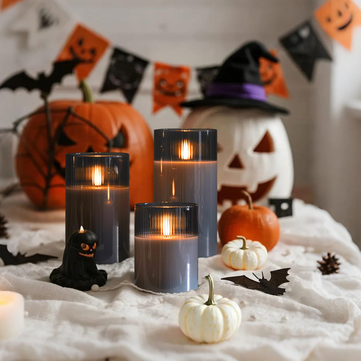 Amagic Grey Flameless Candles with Remote, Battery Operated Candles with Timer, Ribbed Glass LED Pillar Candles with Flickering Flame for Spooky Halloween Party Decor, Real Wax, Set of 3