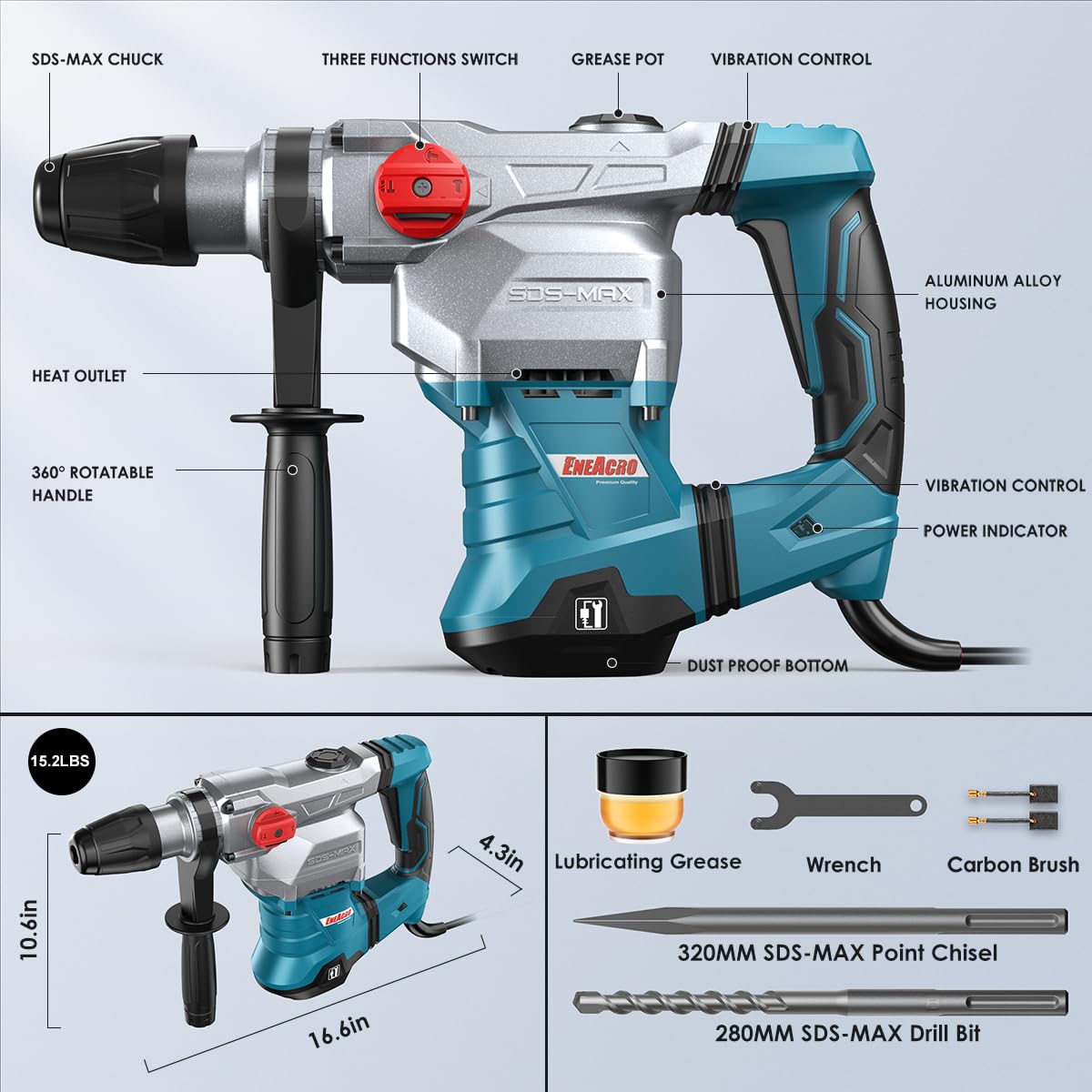 ENEACRO SDS-Max Heavy-Duty Rotary Hammer Drill 9 Ft.lbs, 3 Functions with Safety Clutch & Vibration Control 1-9/16" Drilling Capacity in Concrete– Includes Chisel, Drill Bit, and Tool Bag