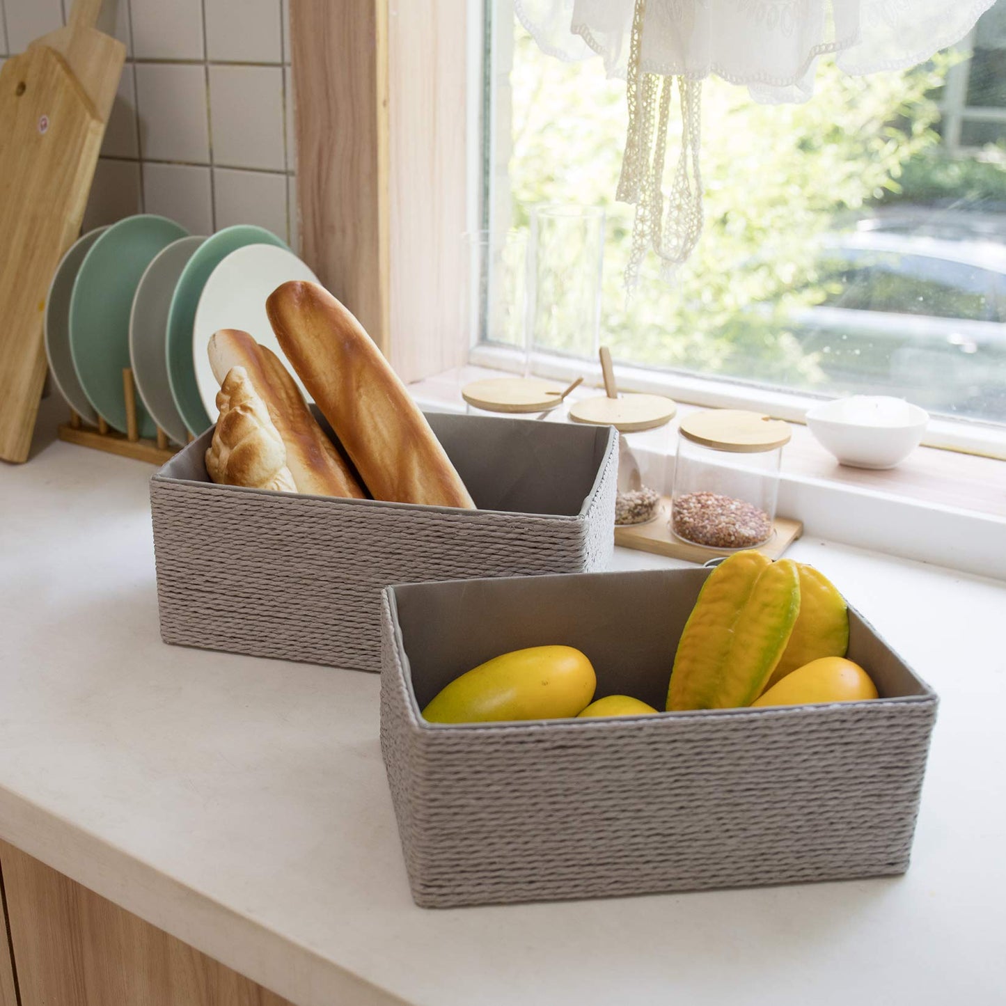 LA JOLIE MUSE Storage Baskets Set 4 - Stackable Woven Basket Paper Rope Bin, Storage Boxes for Makeup Closet Bathroom Bedroom (Gray)