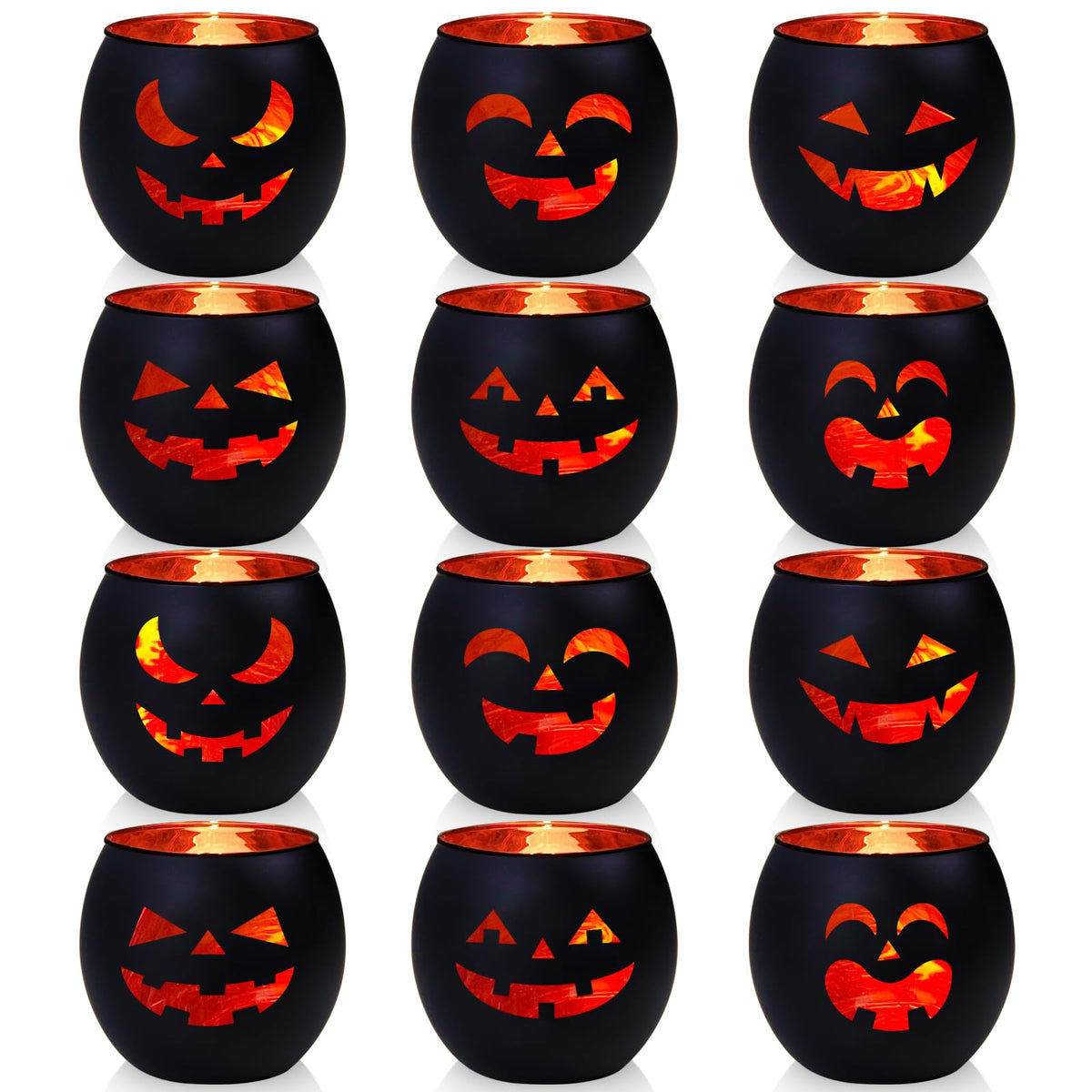 SHMILMH Halloween Table Centerpiece Candle Holders Set of 12, Black and Gold Glass Votive Holder with 6 Grimace, Tealight Holders Bulk for Halloween Party D?or