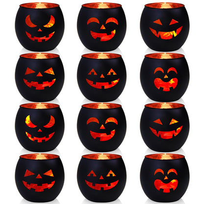 SHMILMH Halloween Table Centerpiece Candle Holders Set of 12, Black and Gold Glass Votive Holder with 6 Grimace, Tealight Holders Bulk for Halloween Party D?or
