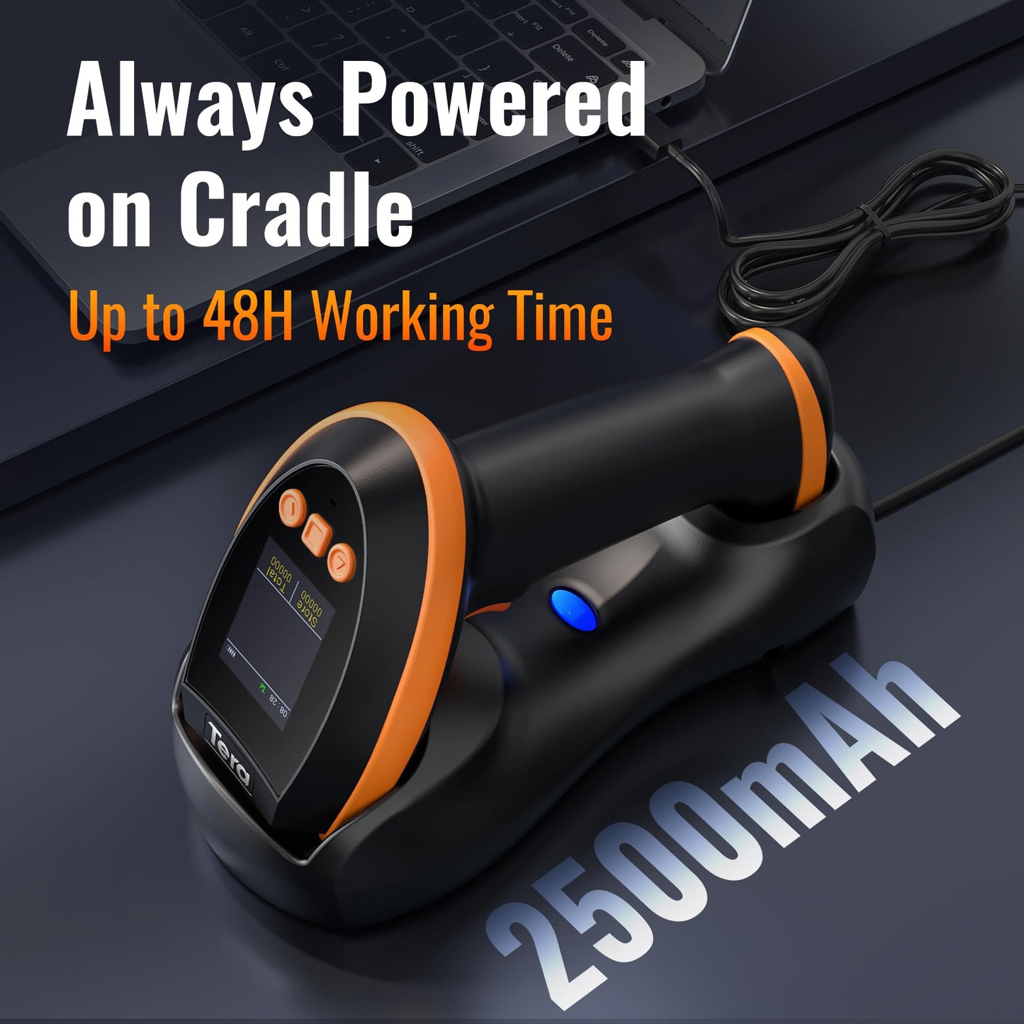 Tera Barcode Scanner Wireless with Screen: Pro Version 1D 2D QR with Setting Keypad Charging Cradle Works with Bluetooth 2.4G Wireless USB Wired Handheld Bar Code Reader HW0009