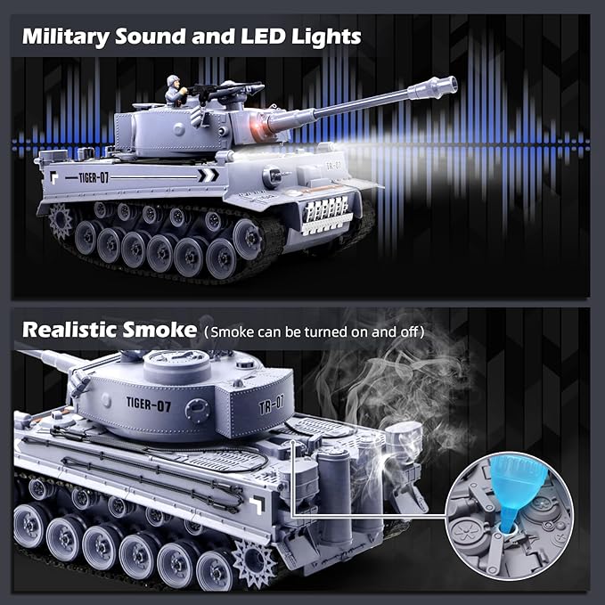 1/18 Remote Control Tank German Tiger - Gray RC Tank Thats Shoots BBS 60 Minute Playing Time Smoke Sound LED Lights Excellent Gift for Kids and Adults