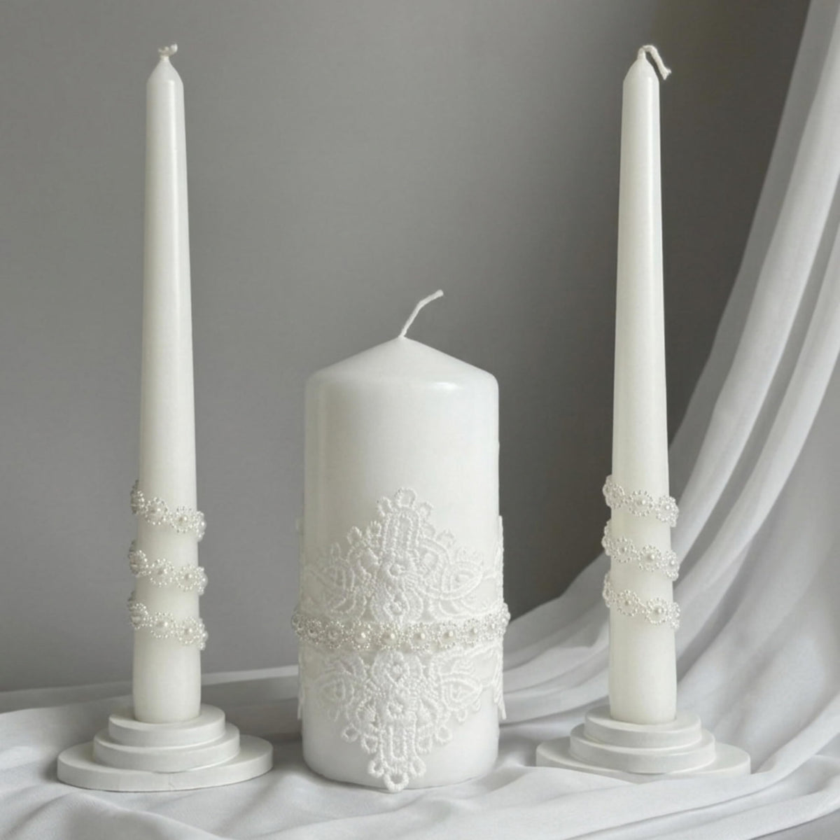 Magik Life Unity Candle Set - Wedding Ceremony & Reception – 6” Pillar & Two 10” Taper Candles – Long Burning Unity Candles for Marriage Ritual – Handmade in USA – White | Lace