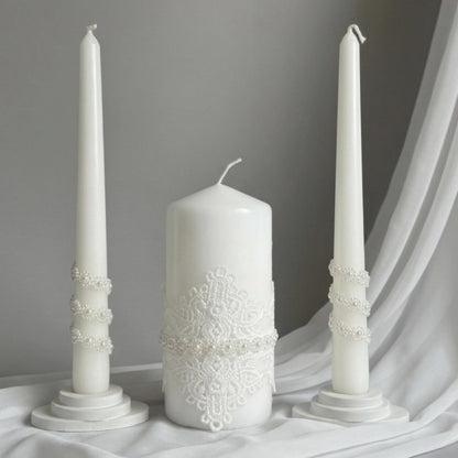 Magik Life Unity Candle Set - Wedding Ceremony & Reception – 6” Pillar & Two 10” Taper Candles – Long Burning Unity Candles for Marriage Ritual – Handmade in USA – White | Lace