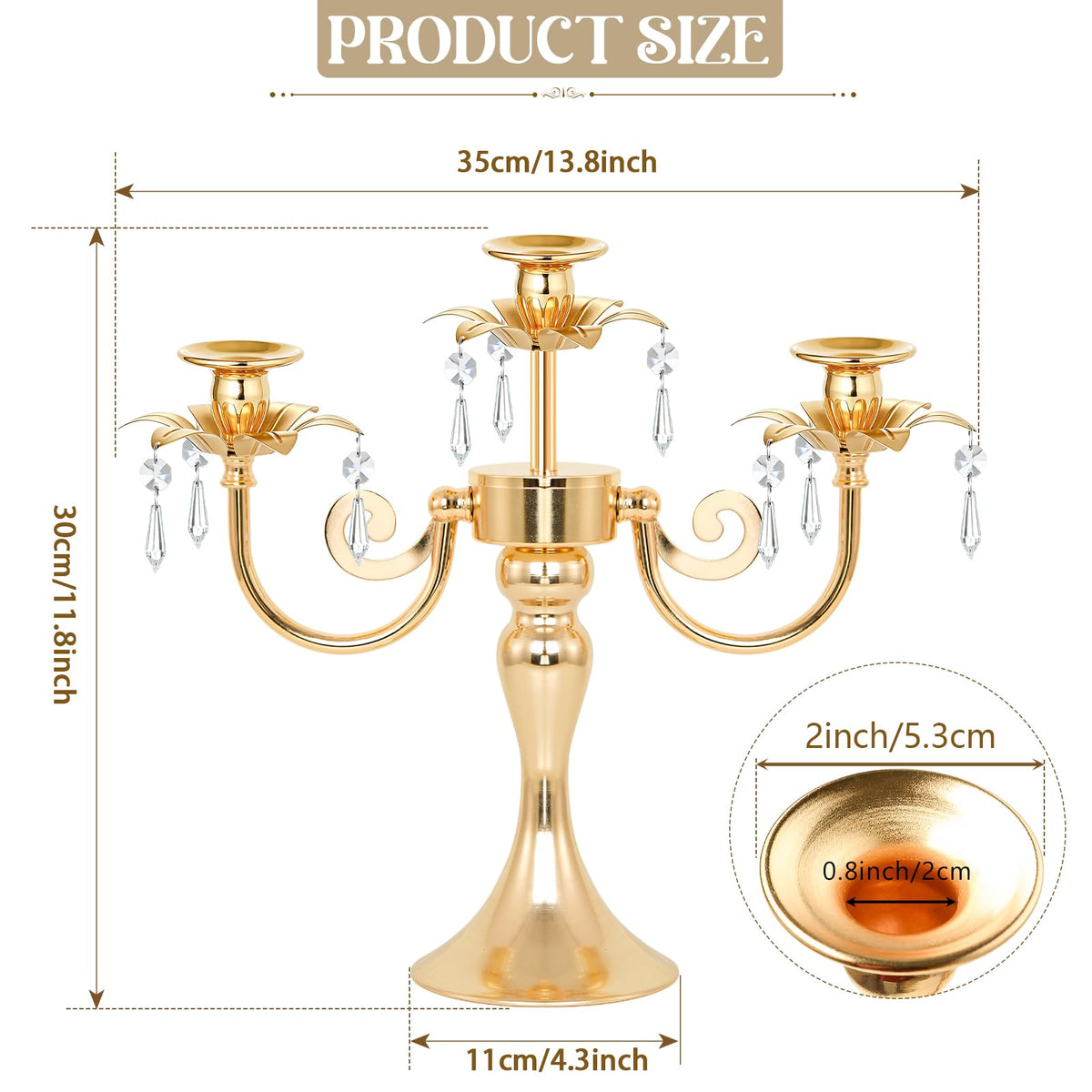 KEHAIL Metal 3 Arm Candelabra with Crystal Pendants - 11.8 Inch Tall Candle Holders, Set of 2 - Elegant Taper Candlestick Stand for Wedding, Dining Table, Christmas Party Home Decoration (2, Gold)