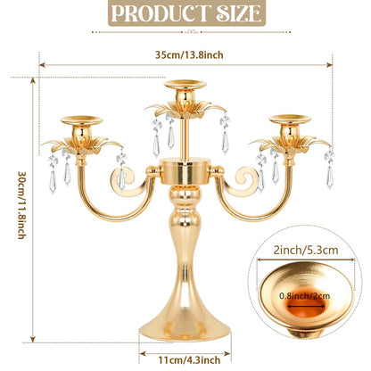 KEHAIL Metal 3 Arm Candelabra with Crystal Pendants - 11.8 Inch Tall Candle Holders, Set of 2 - Elegant Taper Candlestick Stand for Wedding, Dining Table, Christmas Party Home Decoration (2, Gold)