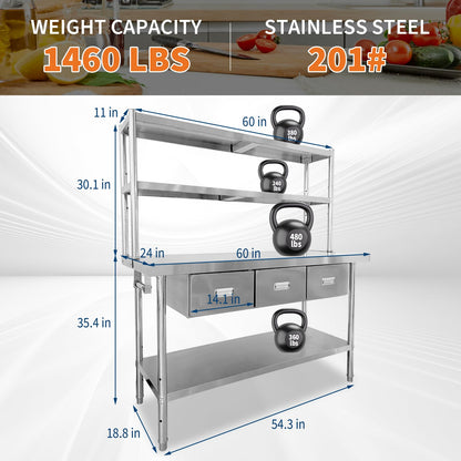Stainless Steel Table with Overshelves & Drawers, 60" X 24" Commercial Work Tables with 60" X 30" Shelf & 3 Drawers, Metal Kitchen Prep Table with Paper Towel Holder for Home Restaurant Garage