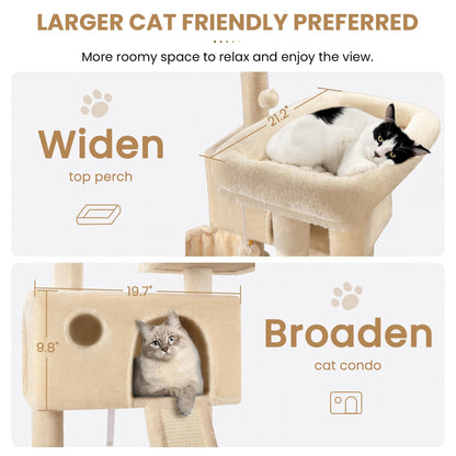 SHA CERLIN 65in Larger Cat Tree Tower Condo for Indoor Kitties/Multi-Level Furniture Activity Center with Wide Base/Cozy Plush Cat Perches/Baskets/Sisal Scratching Posts and Hammock/Beige