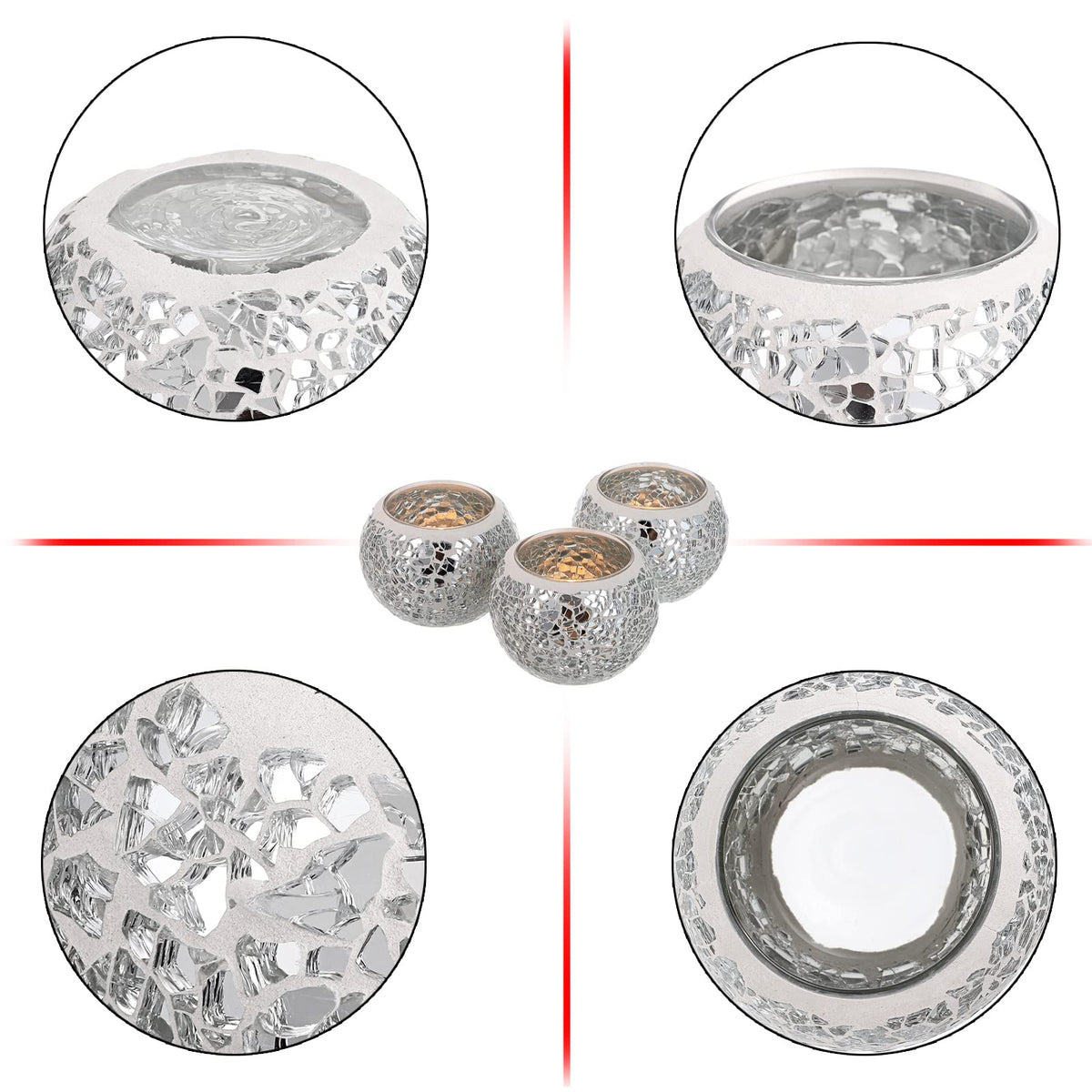 OwnMy 3PCS Mosaic Glass Tea Light Holders Round Bowl Votive Candle Holders Pillar Candle Stands, Silver Glass Mosaic Tealight Holders Potted Plant Bowl Vase Candle Centerpiece for Dining Table Wedding