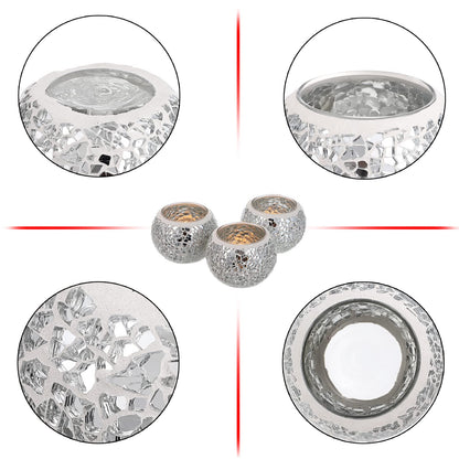 OwnMy 3PCS Mosaic Glass Tea Light Holders Round Bowl Votive Candle Holders Pillar Candle Stands, Silver Glass Mosaic Tealight Holders Potted Plant Bowl Vase Candle Centerpiece for Dining Table Wedding