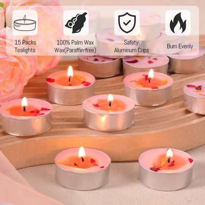 HAVITI 15 Pcs Rose Scented Tealight Candles, Tea Lights Candles, 4H Smokeless Palm Wax Pink Tea Candle for Weddings,Christmas,Spa, Bath