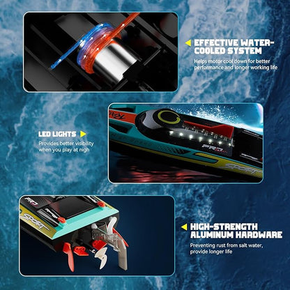 Brushless RC Boat 40+MPH Remote Control Boats for Adults Kids 19 Big Racing Boat for Salt Water Lake River with Self-Righting LED Lights Fishing Function Fast High Speed with Carry Bag