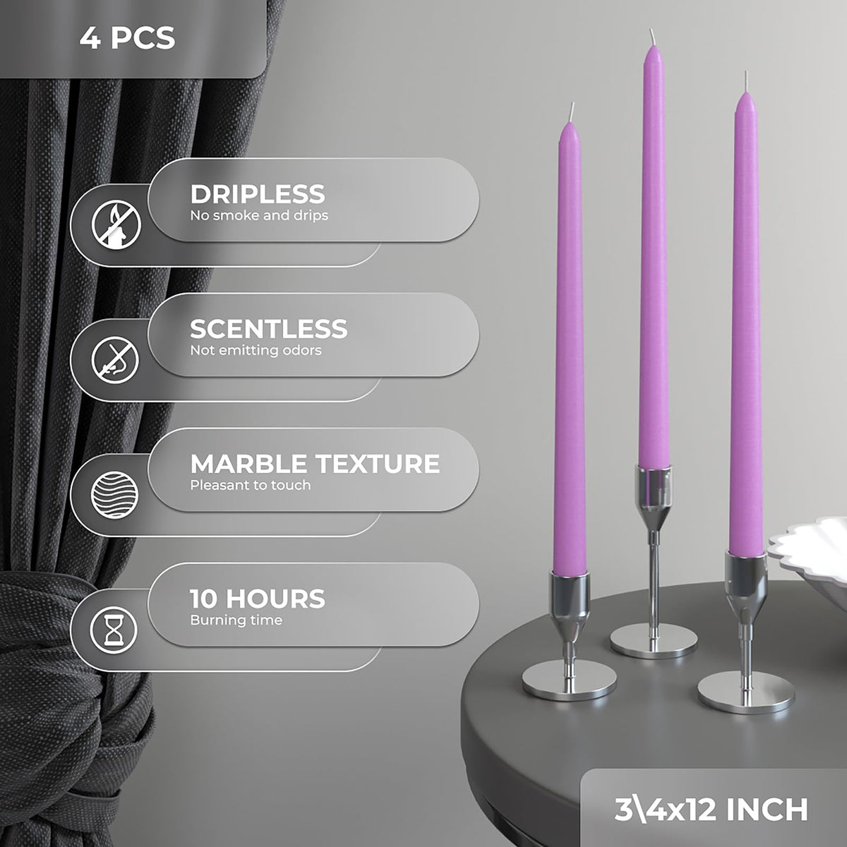 CANDWAX 12 inch Taper Lilac Candles Pack of 4 - Unscented Smokeless Dripless Tall Candlesticks - Perfect for Special Occasions, Ordinary Dinners, for Mother's Day - Lavender Candle Sticks