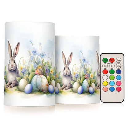 zyrtty 2 Pack Plastic Flameless Candles Easter Rabbit Colorful Eggs Bunny Watercolor Flower Battery Operated with Remote and Timer Real Wax LED Flickering Pillar Candles Set Window Christmas Holiday D