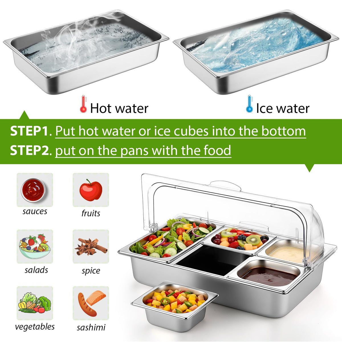 Ziliny Countertop Food Serving Display Container and Clear Roll Top Cover Stainless Steel Food Serving Tray Buffet Condiment Dispenser Display Rack for Restaurant Hotel Kitchen Party (21 x 13 x 11)